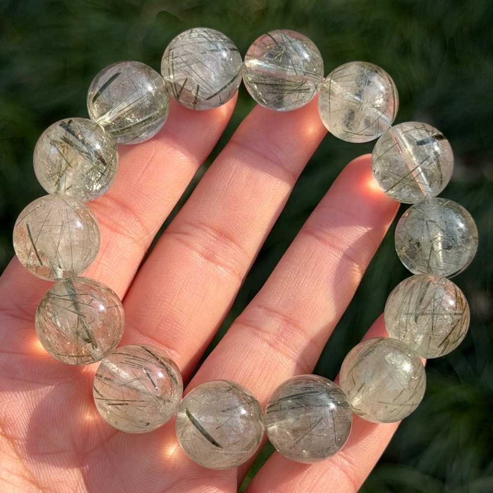 16mm chunky stretchable high quality clear green rutilated quartz bracelet 1059‎